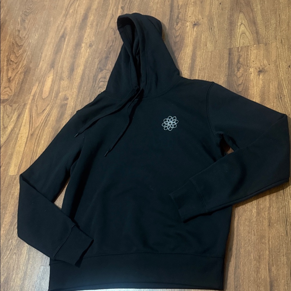 New no tags Black Hoodie with Minimal Floral Emblem